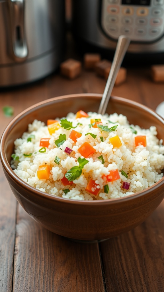 Fluffy quinoa in a bowl garnished with herbs and vegetables, with a rice cooker in the background.